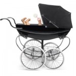 Profile of traditional baby stroller/perambulator with baby arm and feet